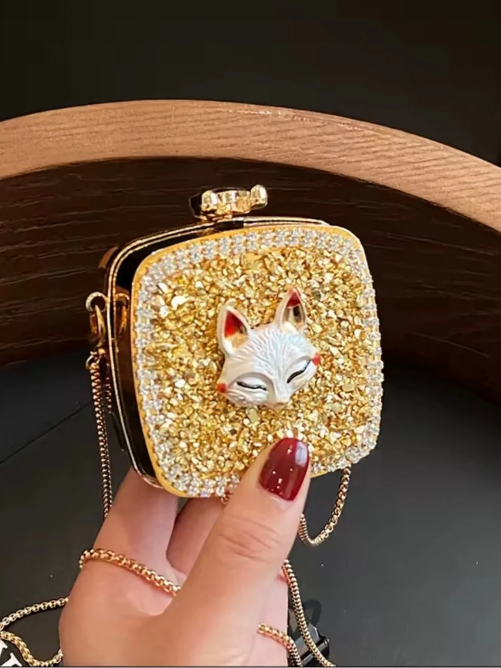 Gold Crystal Fox Box Clutch Crossbody Bag | Rhinestone Evening Mini Purse